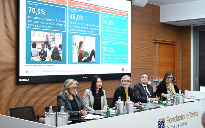 Da sinistra Miria Savioli, Valeria De Martino, Livia Celardo, ricercatrici Istat, Francesco Salerni, Direttore Strategia, Digitale e Sostenibilità del Gruppo Terna e Direttore Generale della Fondazione Terna, Antonella Baccaro, Caporedattrice centrale Economia Corriere della Sera, nel corso dell’evento di presentazione dei progetti della Fondazione Terna (2 aprile 2025)
